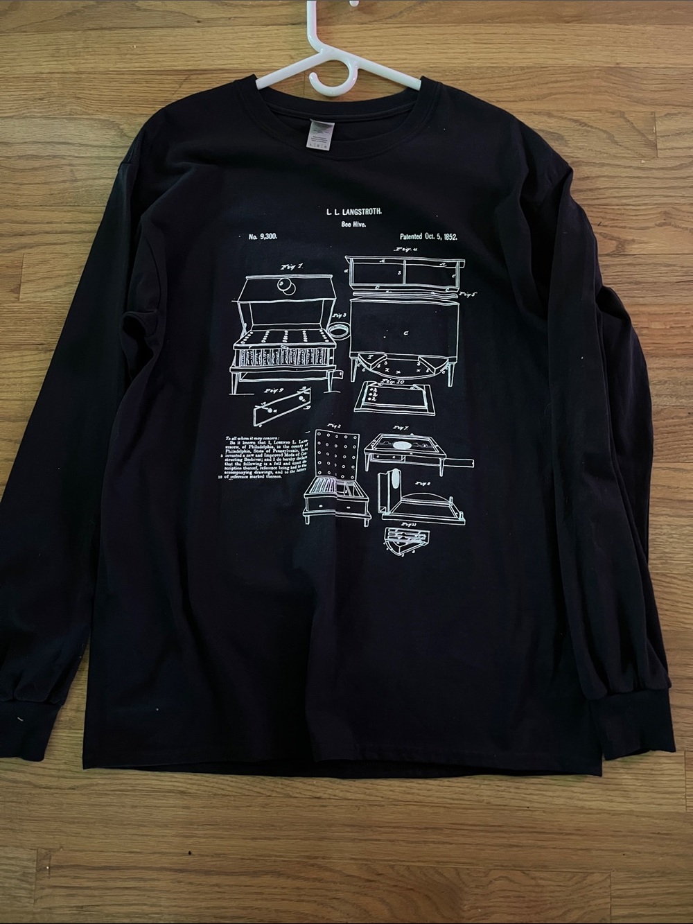 Black Graphic Long-Sleeve Shirt with US Patent 1852 for the Bee Hive